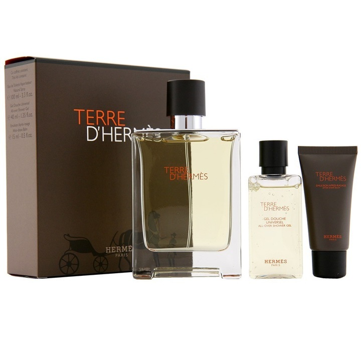 Set cadou Hermes Terre D'Hermes, Barbati: Apa de Toaleta, 100 ml + Gel de dus, 40 ml + Balsam dupa ras, 15 ml
