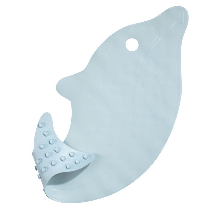 Covoras antiderapant din cauciuc natural, in forma de delfin, dimensiuni 36x76, culoare bleo deschis