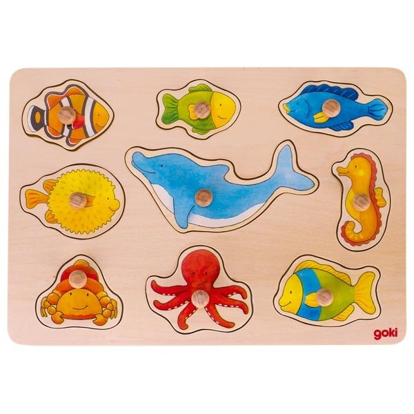 Puzzle Motive maritime din lemn cu butoane - Goki, 9 piese, 30 x 21 x 2.4 cm