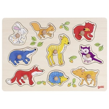 Puzzle - Animale padure din lemn ,Goki,9 piese cu buton,30 x 21 x 2.4 .cm Puzzle - Animale padure din lemn ,Goki,9 piese cu buton,30 x 21 x 2.4 .cm