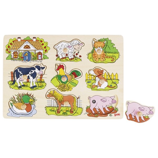Puzzle Ferma din lemn,Goki, cu 9 piese cu buton, 30 x 21x 2.4 cm