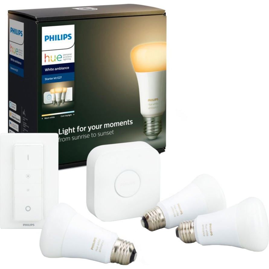 Pachet 3 becuri inteligente LED Philips HUE, Bluetooth/Wireless, E27, 9W, 806 lm, ambianta + Bridge si Variator - eMAG.ro