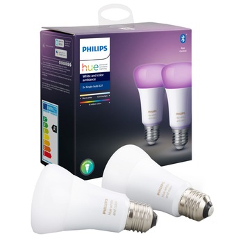 Pachet 2 becuri inteligente LED RGBW Philips HUE, Bluetooth/Wireless, E27, 9W (60W), 806 lm, A+, lumina alba/color Pachet 2 becuri inteligente LED RGBW Philips HUE, Bluetooth/Wireless, E27, 9W (60W), 806 lm, A+, lumina alba/color