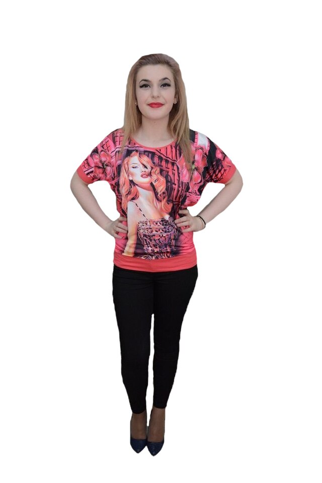 Tricou fashion, imprimeu tineresc fin cu strasuri,D&J Exclussive, Corai