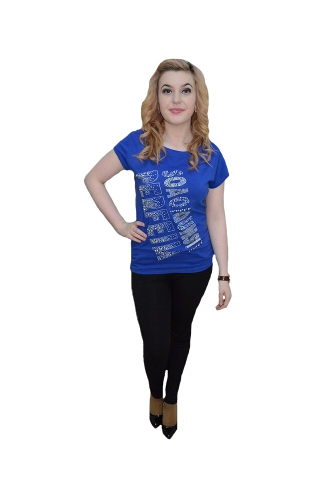 Tricou lung de vara,cu model fashion din cristale albe,D&J Exclussive,albastru, Albastru