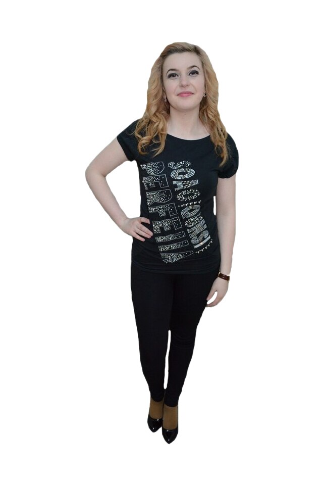 Tricou lung de vara,cu model fashion din cristale albe,D&J Exclussive,albastru, Negru