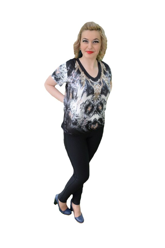 Tricou cu imprimeu modern, chic, si strasuri mici aurii,D&J Exclussive, Negru