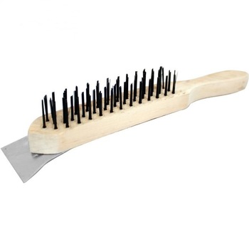 Perie de sarma cu racleta pentru curatat gratar, 4 randuri Dekton 310mm, maner din lemn, DT85960 Perie de sarma cu racleta pentru curatat gratar, 4 randuri Dekton 310mm, maner din lemn, DT85960