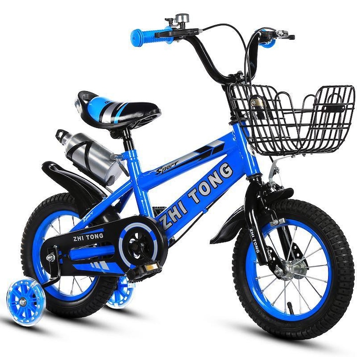 Детски велосипед Go Kart Sport, 16-инчов, метална кошница, кутия за вода, гумени колела, силиконови джанти с led, син