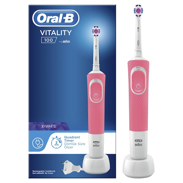 Ел. четка за зъби Oral-B Vitality D100 3D White, 7600 осцилации/мин, 2D почистване, 1 програма, 1 накрайник, Розов