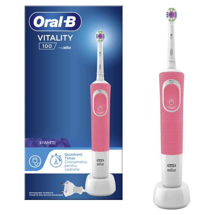 Periuta de dinti electrica Oral-B Vitality D100 3D White. 7600 Oscilatii/min. Curatare 2D. 1 program. 1 capat. Roz