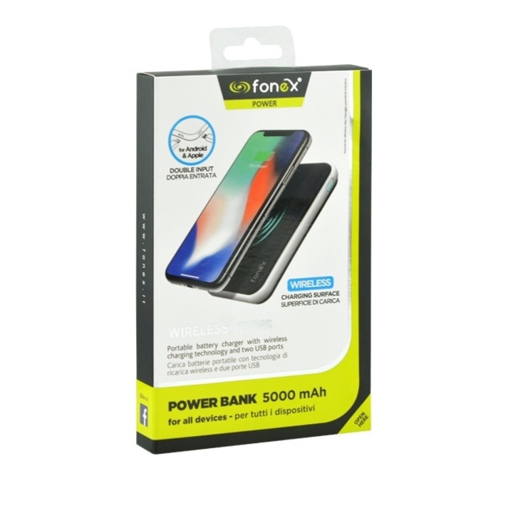 FONEX TETRIS vezeték nélküli külső akkumulátor, 2 USB port, vezeték nélküli töltés, 2,1 A, 8000 mAh