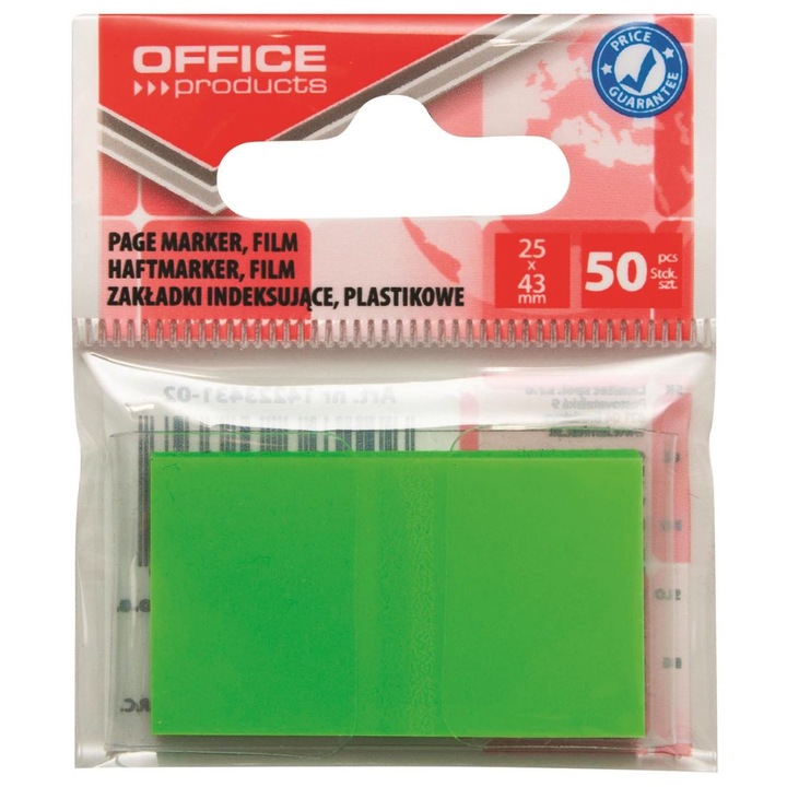 Пластмасов маркер за страници OFFICE Products, 25 X 43 mm, 50 листа, неоново зелен