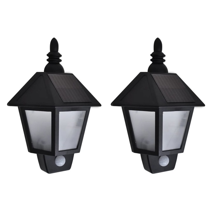 Set de 2 lampi solare de perete, vidaXL, Plastic, 20 x 9,5 x 27,5 cm, Negru