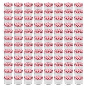 Set de 96 borcane de sticla cu capac pentru gem, vidaXL, Sticla, 110 ml, Alb/Rosu Set de 96 borcane de sticla cu capac pentru gem, vidaXL, Sticla, 110 ml, Alb/Rosu