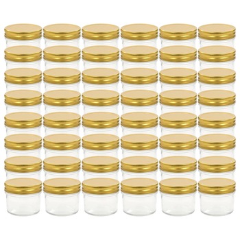 Set de 48 borcane de sticla cu capac pentru gem, vidaXL, Sticla, 110 ml, Auriu Set de 48 borcane de sticla cu capac pentru gem, vidaXL, Sticla, 110 ml, Auriu