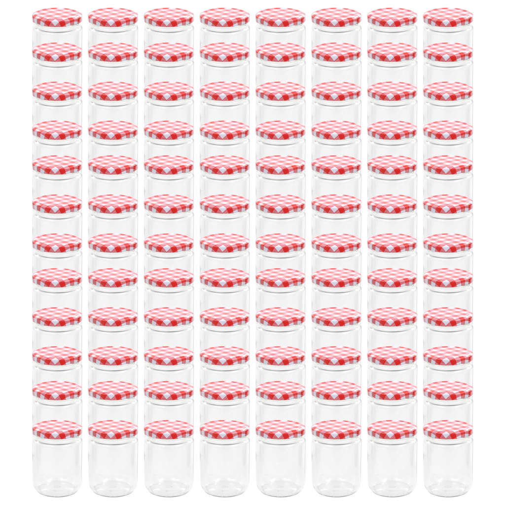 Set de 96 borcane de sticla cu capac pentru gem, vidaXL, Sticla, 230 ml, Alb/Rosu