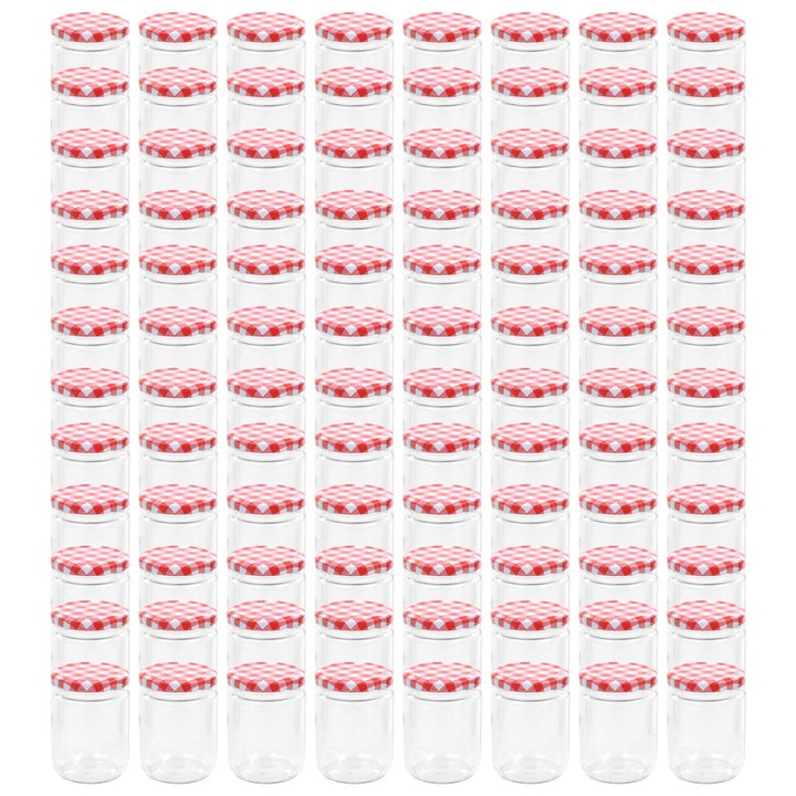 Set de 96 borcane de sticla cu capac pentru gem, vidaXL, Sticla, 230 ml, Alb/Rosu