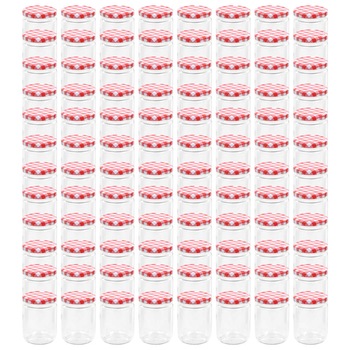 Set de 96 borcane de sticla cu capac pentru gem, vidaXL, Sticla, 230 ml, Alb/Rosu Set de 96 borcane de sticla cu capac pentru gem, vidaXL, Sticla, 230 ml, Alb/Rosu