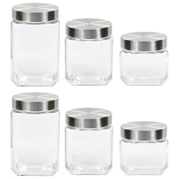Set 6 borcane de depozitare cu capace, marimi diferite, vidaXL, Sticla, 800/1200/1700 ml, Transparent Set 6 borcane de depozitare cu capace, marimi diferite, vidaXL, Sticla, 800/1200/1700 ml, Transparent