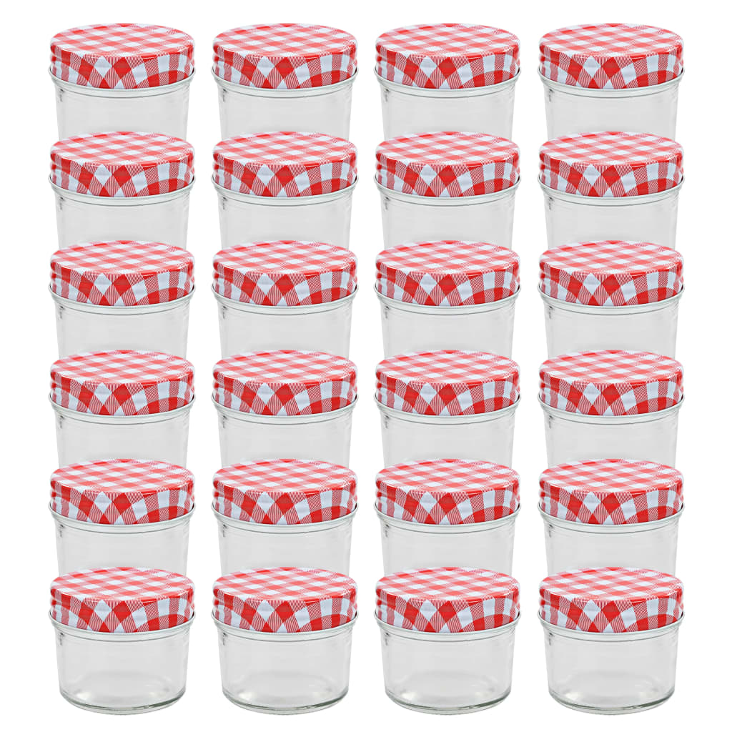 Set de 24 borcane de sticla cu capac pentru gem, vidaXL, Sticla, 110 ml, Alb/Rosu