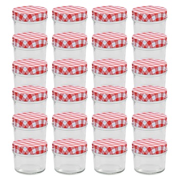 Set de 24 borcane de sticla cu capac pentru gem, vidaXL, Sticla, 110 ml, Alb/Rosu Set de 24 borcane de sticla cu capac pentru gem, vidaXL, Sticla, 110 ml, Alb/Rosu