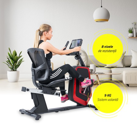 Bicicleta fitness cu spatar-orizontala de recuperare TECHFIT R700, Volanta 9 kg, Greutate suportata 130 kg, Magnetica, 8 trepte de intensitate
