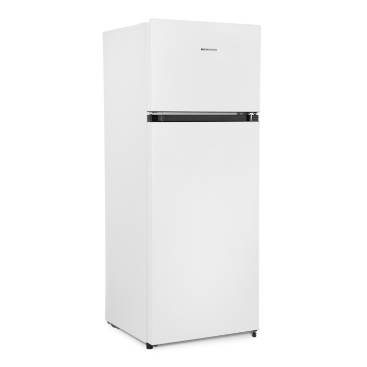 Frigider cu doua usi Heinner HF-205F+, 205 l, Clasa F, IIluminare LED, 3 rafturi de sticla, H 143.4 cm, Alb
