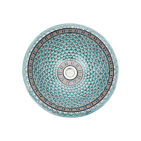 Lavoar Artizan,rotund,43x43x13 cm,Maroc,pictat manual,alb/turcoaz,ceramica,montaj pe blat