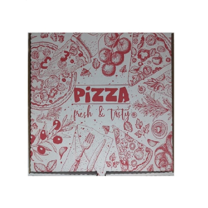 Бели кутии за пица, модел "Pizza Fresh & Tasty", размер 28x3.5x28 см, 100 бр./кутия - картонени опаковки