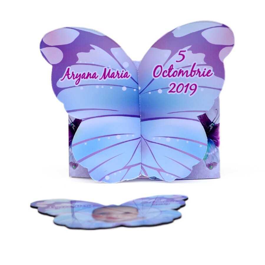 Invitatie botez cutie cu magnet, personalizare cu text si fotografie, forma fluture