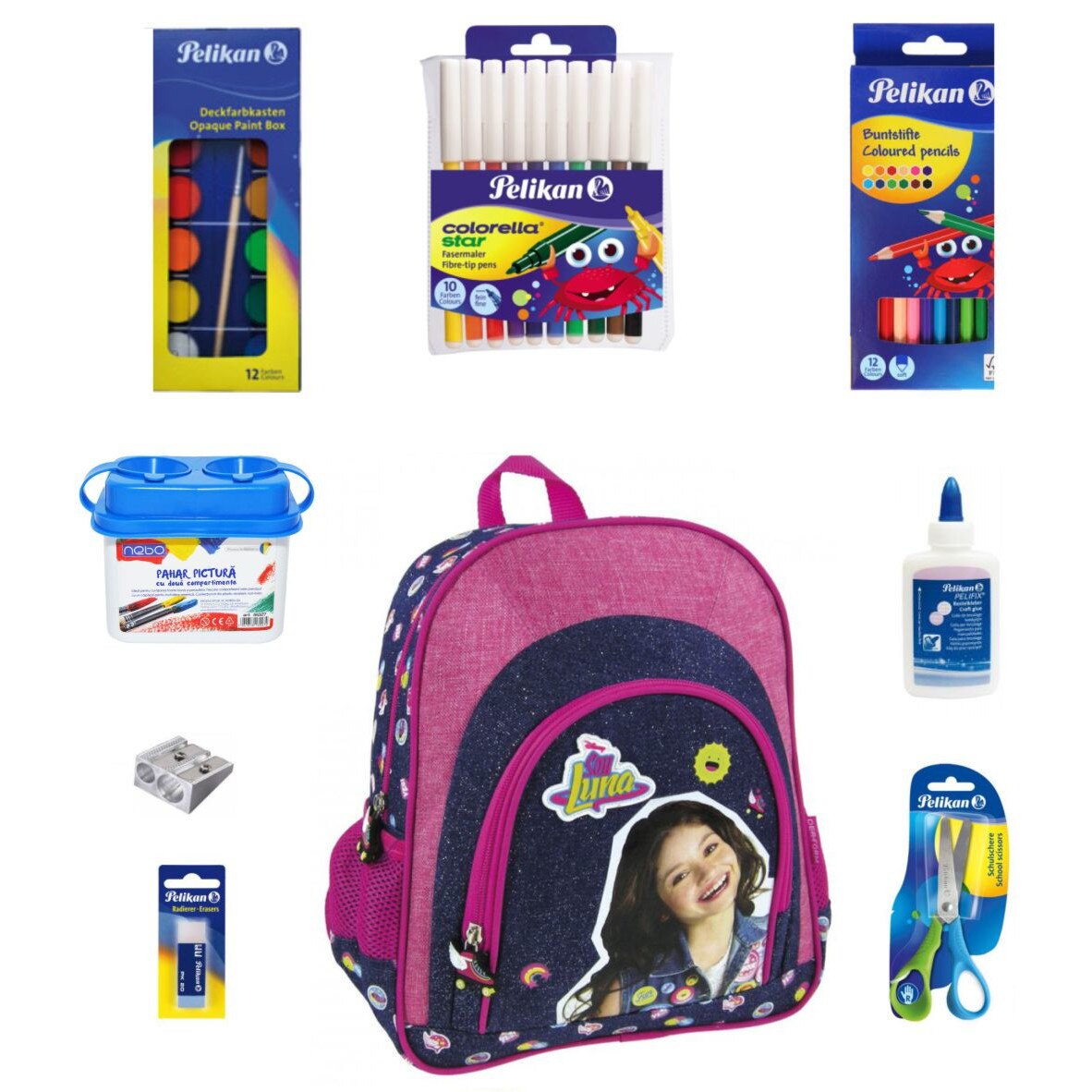 Set gradinita Soy Luna - Ghiozdan gradinita ,Creioane colorate, Carioci, Acuarele, Aracet, Ascutitoare, Radiera, Vas pictura, Foarfeca - Pelikan