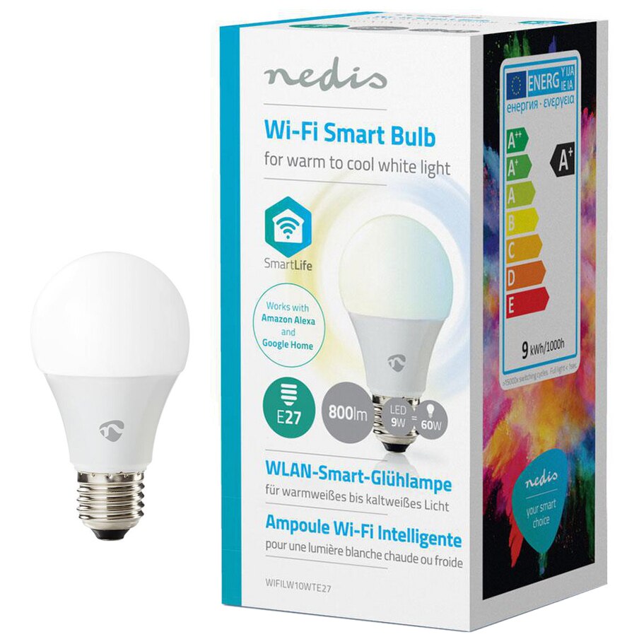 Bec inteligent LED Nedis, dimabil, Wi-Fi, E27, 9W (60W), 800 lm, lumina alba calda/rece