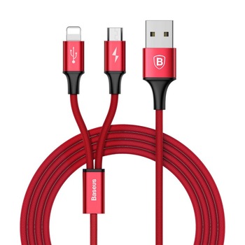 Cablu de date/incarcare Baseus, 2in1 Rapid Series, Lightning/MicroUSB, 1.2M 3 A, Rosu Cablu de date/incarcare Baseus, 2in1 Rapid Series, Lightning/MicroUSB, 1.2M 3 A, Rosu