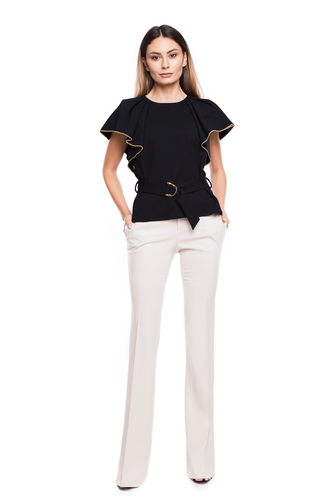 Bluza din vascoza, cu volane ample, Roberto Cavalli Class, XS-S, neagra