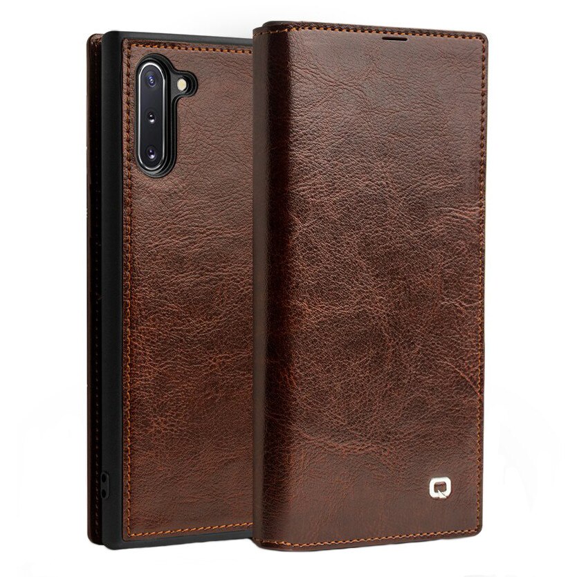 Husa slim din piele fina tip carte, cu buzunar card, Samsung Galaxy Note 10 - Qialino Classic Wallet, culoare Maro Coniac
