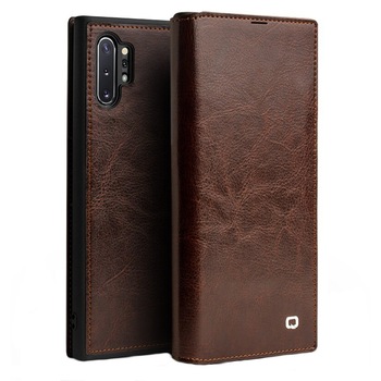 Husa slim din piele fina tip carte, cu buzunar card, Samsung Galaxy Note 10 Plus - Qialino Classic Wallet, culoare Maro Coniac Husa slim din piele fina tip carte, cu buzunar card, Samsung Galaxy Note 10 Plus - Qialino Classic Wallet, culoare Maro Coniac