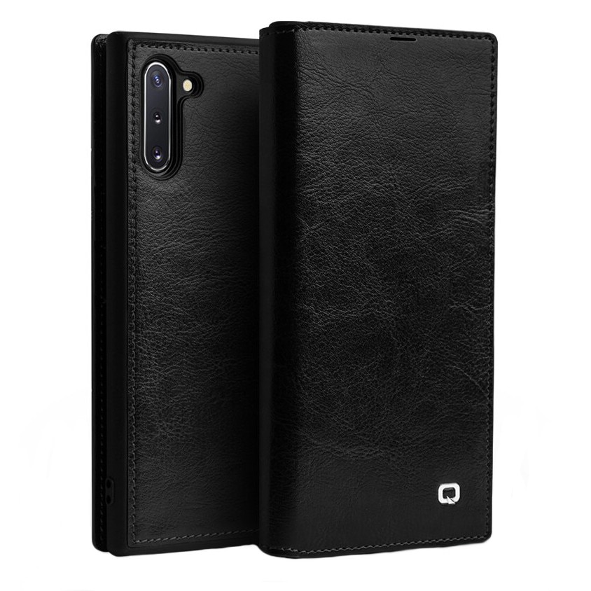 Husa slim din piele fina tip carte, cu buzunar card, Samsung Galaxy Note 10 - Qialino Classic Wallet, culoare Negru
