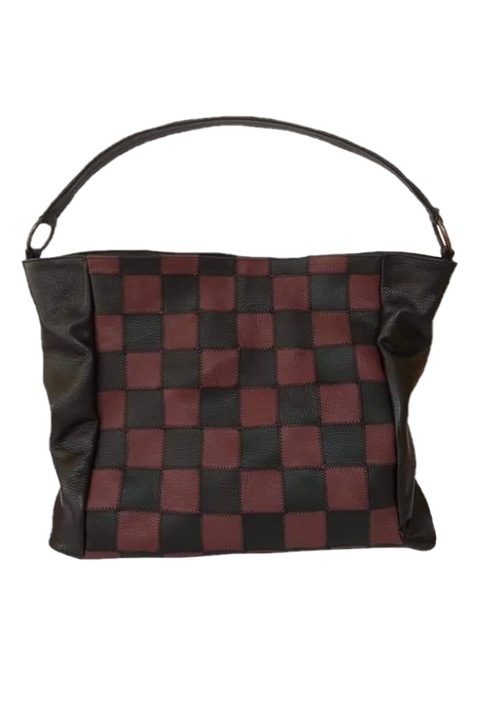 Geanta piele naturala, Gentute din Piele, negru/bordo, carouri, 35x49x13 cm
