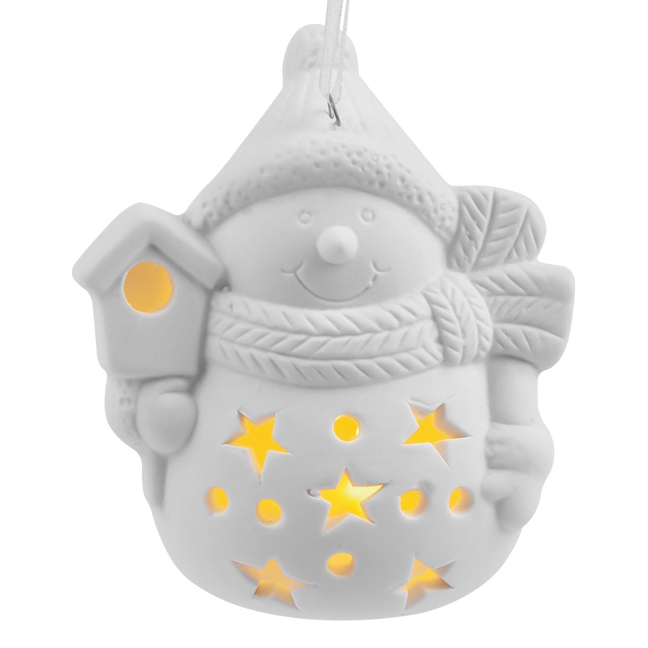 Glob ornamental alb de Craciun in forma de Om de Zapada luminos din portelan, DecorCasa, 9 cm