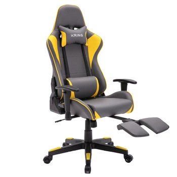 Scaun gaming Kring Rush, cu suport lombar si suport pentru picioare, PU, Negru/Galben Scaun gaming Kring Rush, cu suport lombar si suport pentru picioare, PU, Negru/Galben