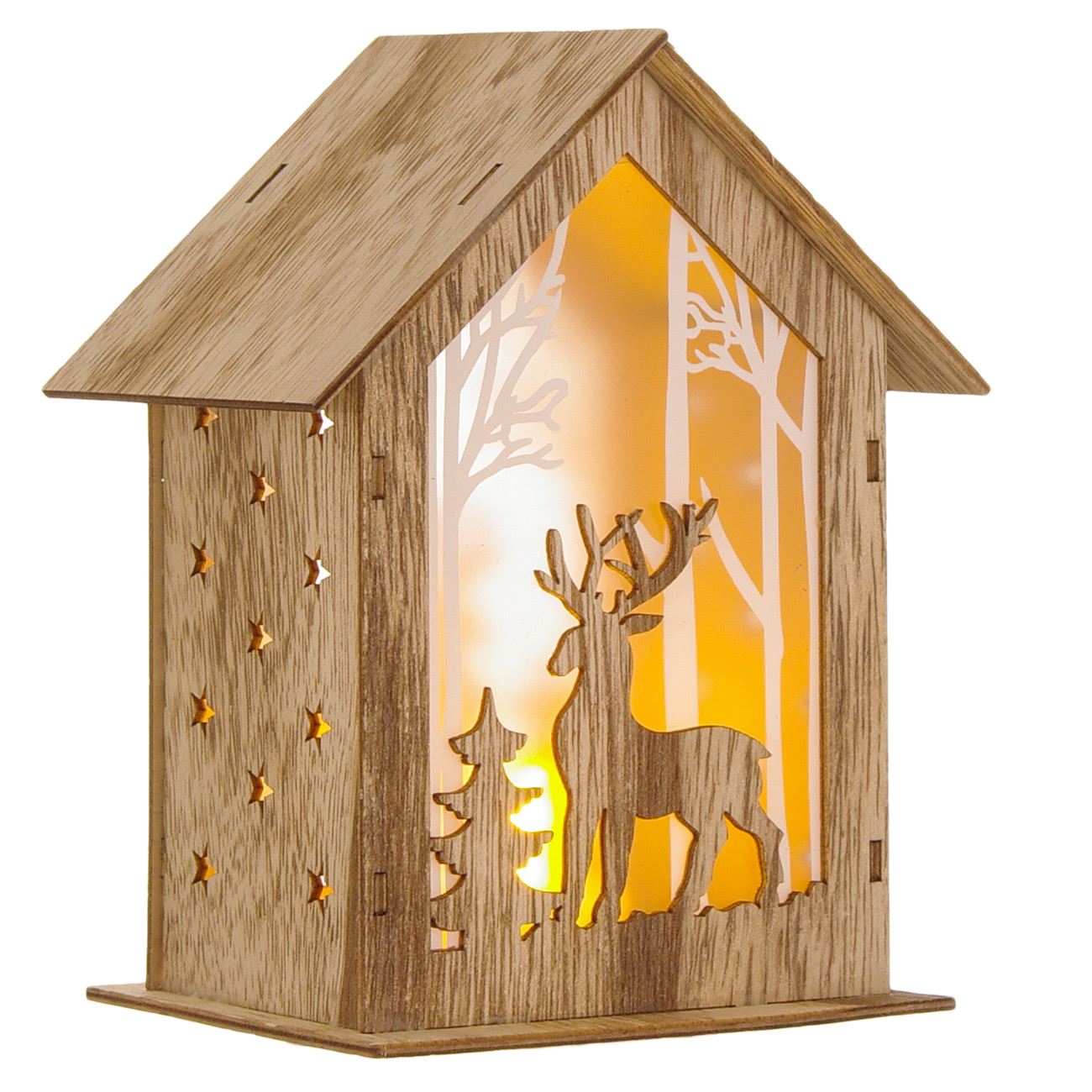 Cutie ornamentala de lemn luminoasa cu forma de ren de Craciun, DecorCasa, 17 x 12 x 11 cm