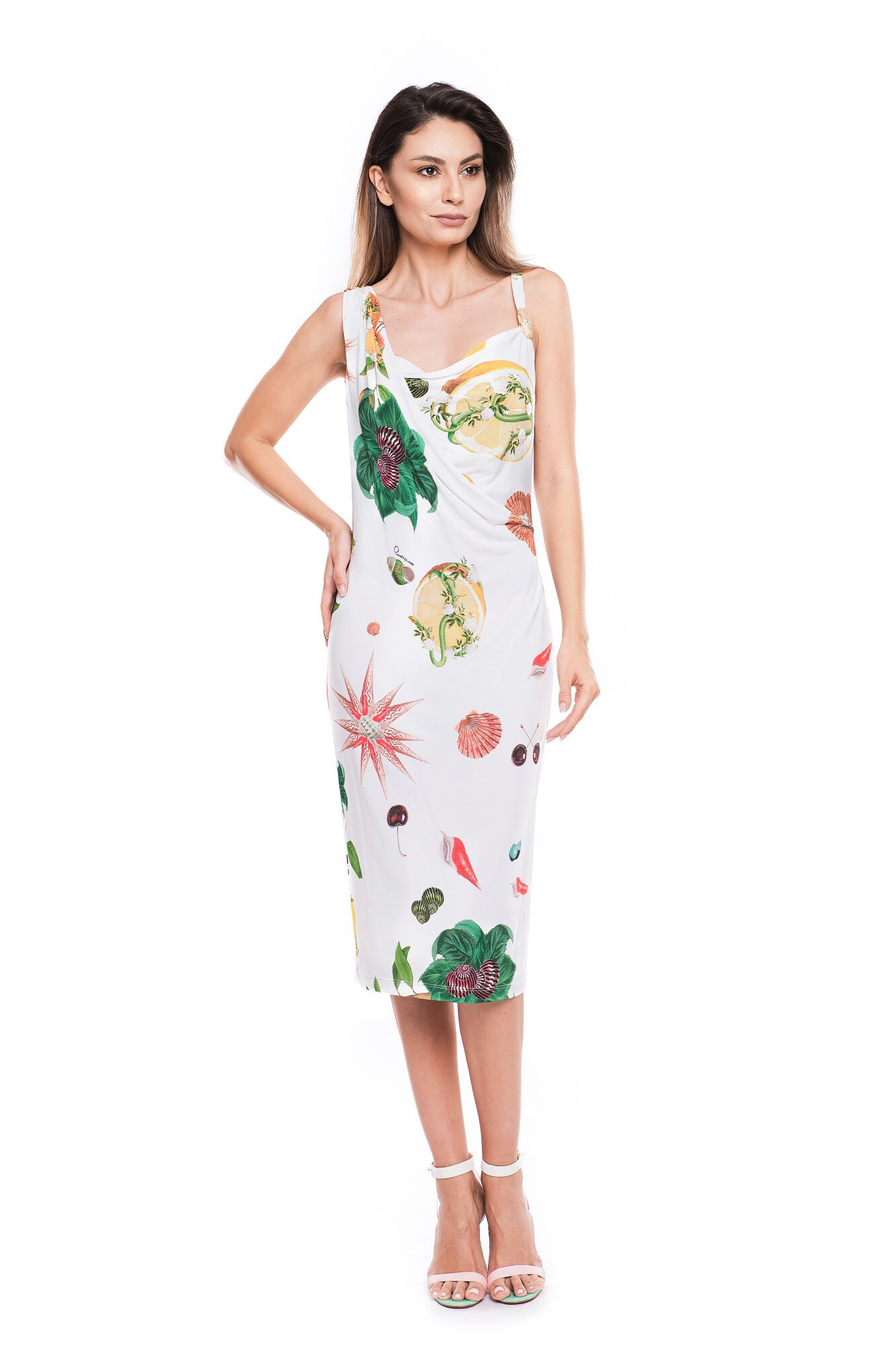 Rochie din vascoza, croiala dreapta, Roberto Cavalli, XS-S, alba si imprimeu multicolor