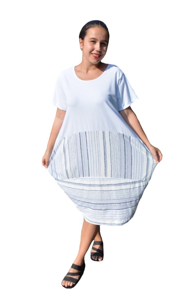 Rochie Martina, din bumbac, imprimeu dungi, D&J Exclussive, alb, Alb