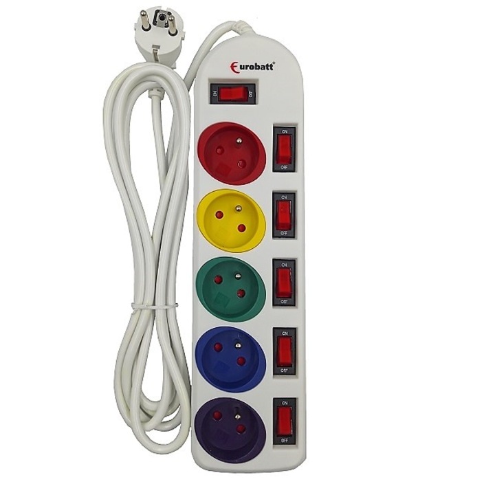 Prelungitor cu 5 Prize cu Stift si Comutator, 3m