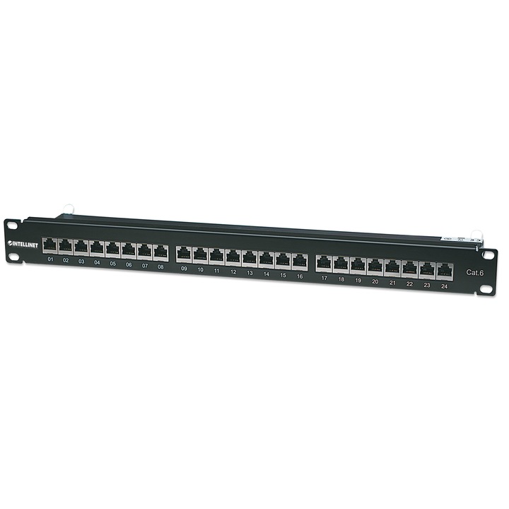 Пач панел Intellinet 720038 STP, категория 6, 24 порта, RJ-45 конектор, черен