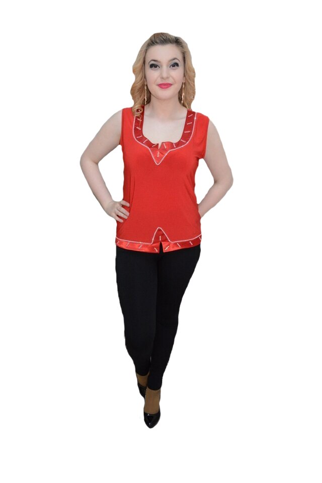 Tricou tip maieu cu saten si decor cu sirag de strasuri, masura mare,D&J Exclussive, Rosu