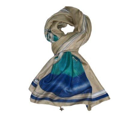 Esarfa rafinata,material fin,design de poseta,D&J Exclussive,crem-albastru-turcoaz