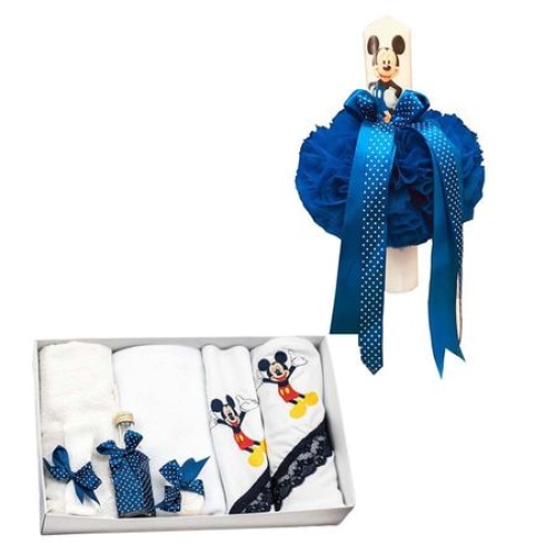 Trusou botez brodat Mickey Mouse si lumanare botez, 8 piese, bleumarin