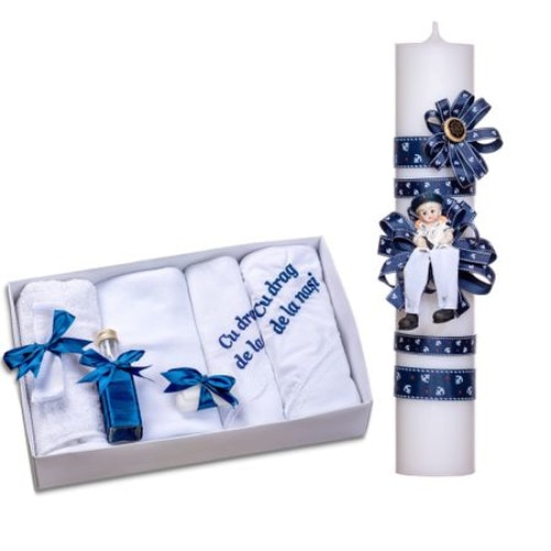Set trusou botez brodat mesaj cu lumanare botez si prosop, 9 piese